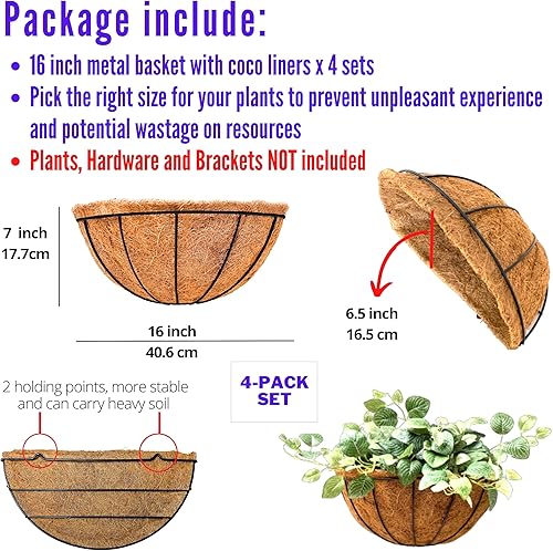 Miniatura 2 de LaLaGreen - Cestas grandes de flores de pared, paquete de 4, macetas de riel de 16 pulgadas para plantas al aire libre, soportes de alambre de metal