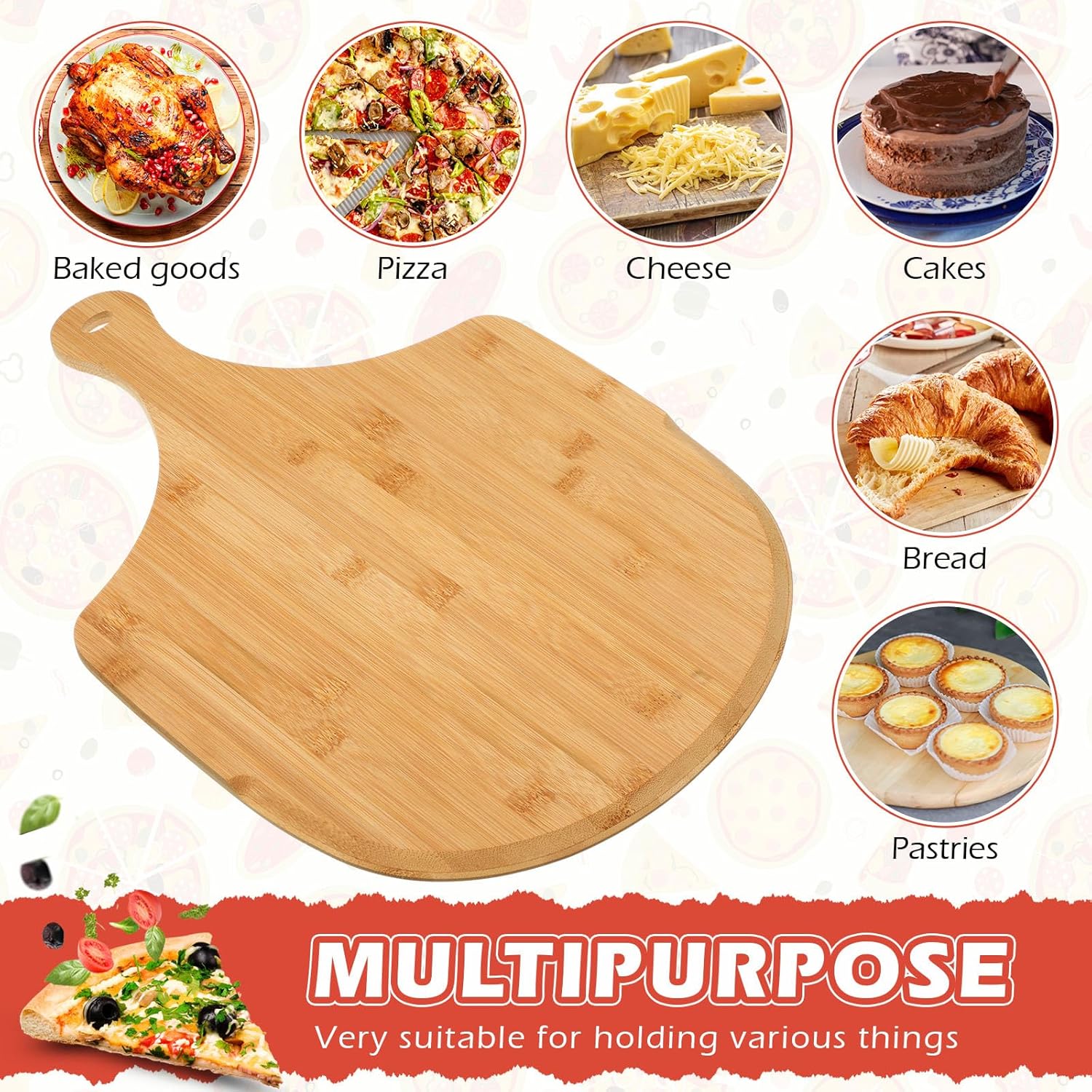 Norme 6 Pcs Bamboo Pizza Peel Set, Wooden Pizza Paddle with Handle, Wood Cutting Board, Oven Accessory for Breads, Cheese, Fruit, Vegetables, Kitchen Accessories(16.5 x 12 Inch)