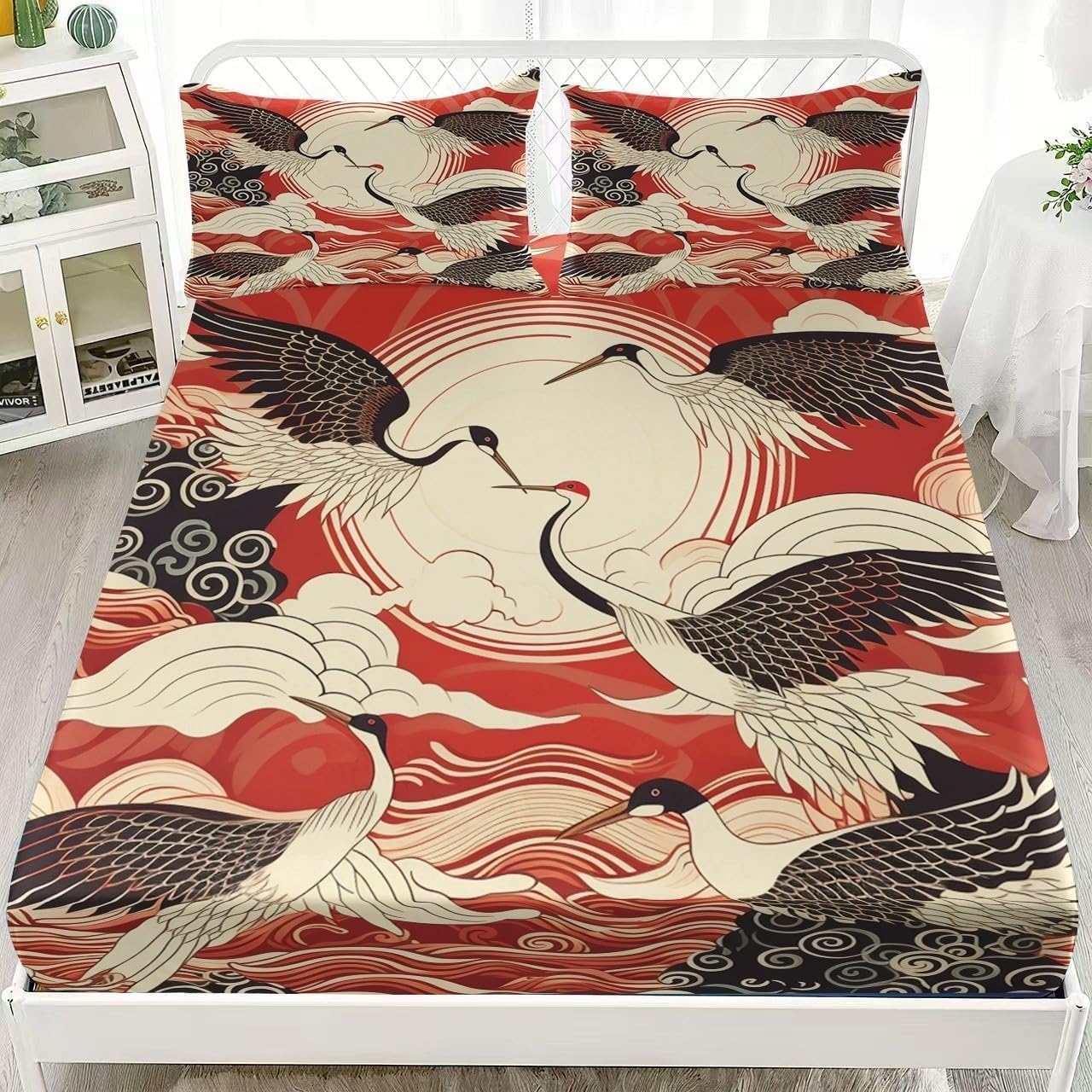 White Crane Super King Fitted Sheet Japanese Style Bed Sheets Deep Pocket 12 inch (30 cm) Soft Cozy 3 Piece Microfibre Bed Sheet 180x200 cm with 2 Pillowcases 50x75 cm