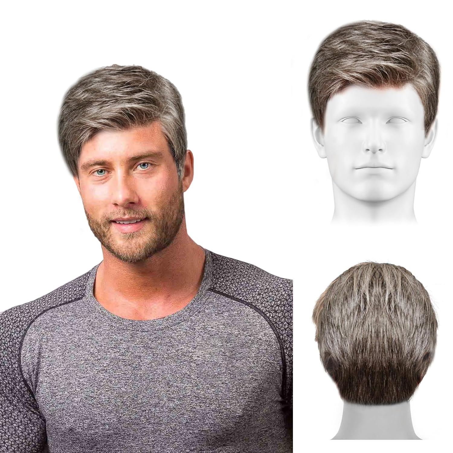 HAEIGTD Grey White Short Bangs Men's Wigs Realistic Fashionable Modern Wigs, Men's