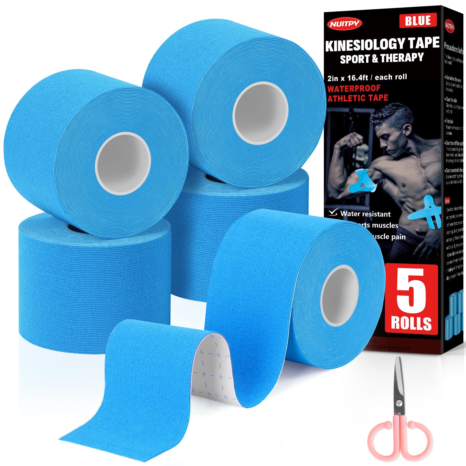5 Rolls Blue Kinesiology Tape, 2 inch x 16.4 Feet Kinetic Tape