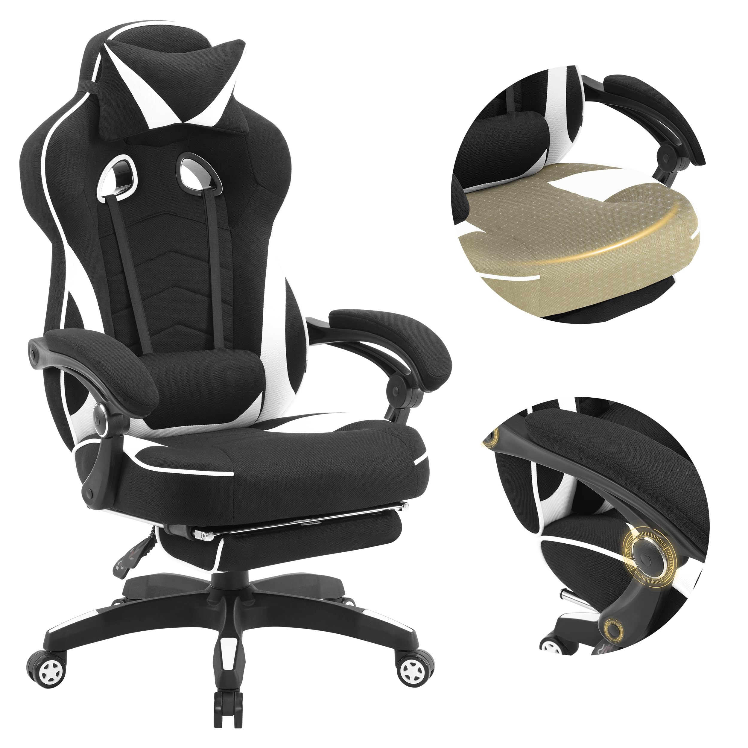 WOLTU Silla Gaming en Tela Transpirable, Ergonómica Silla Gamer con Reposapiés, Sillón Giratorio Videojuegos, Silla Oficina con Asiento Ancho y Cómodo para Personas Grandes, Negro+Blanco Global Recycled Standard Global Recycled Standard Global Recycled Standard