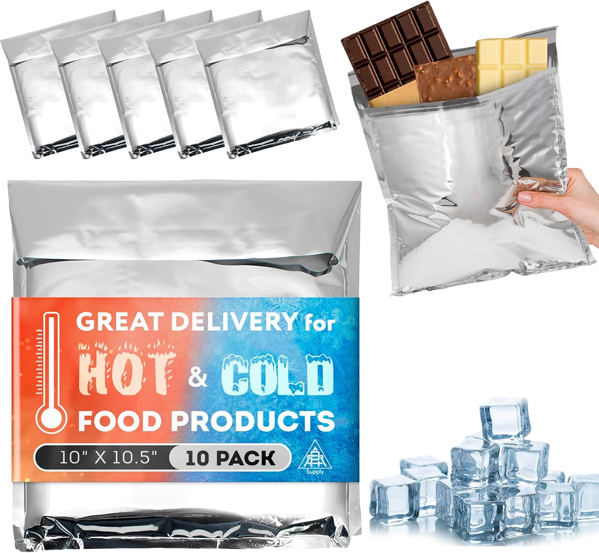 APQ Supply Sobres aislados de algodón perforados con aguja, 10 x 10,5 pulgadas. Paquete de 10 sobres térmicos con aislamiento de aluminio. Bolsas Térmicas para Alimentos Fríos y Calientes. Bolsas de envío autoadhesivas para alimentos y cosméticos