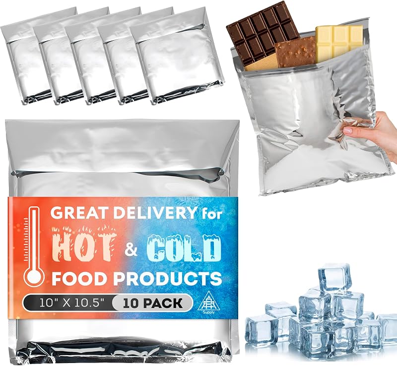 APQ Supply Sobres aislados de algodón perforados con aguja, 10 x 10,5 pulgadas. Paquete de 10 sobres térmicos con aislamiento de aluminio. Bolsas Térmicas para Alimentos Fríos y Calientes. Bolsas de envío autoadhesivas para alimentos y cosméticos