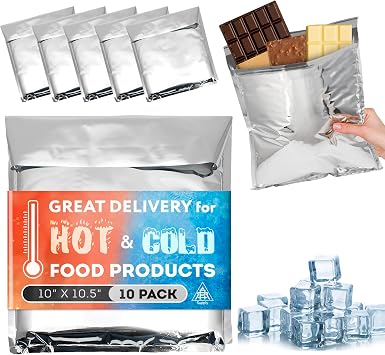 APQ Supply Needle-Punched Cotton Insulated Mailers, 10 x 10.5 Inches. 10 Pack Aluminium Insulated Thermal Mailers. Thermal Bags for Cold and Hot Food. Self-Adhesive Shipping Bags for Food, Cosmetics