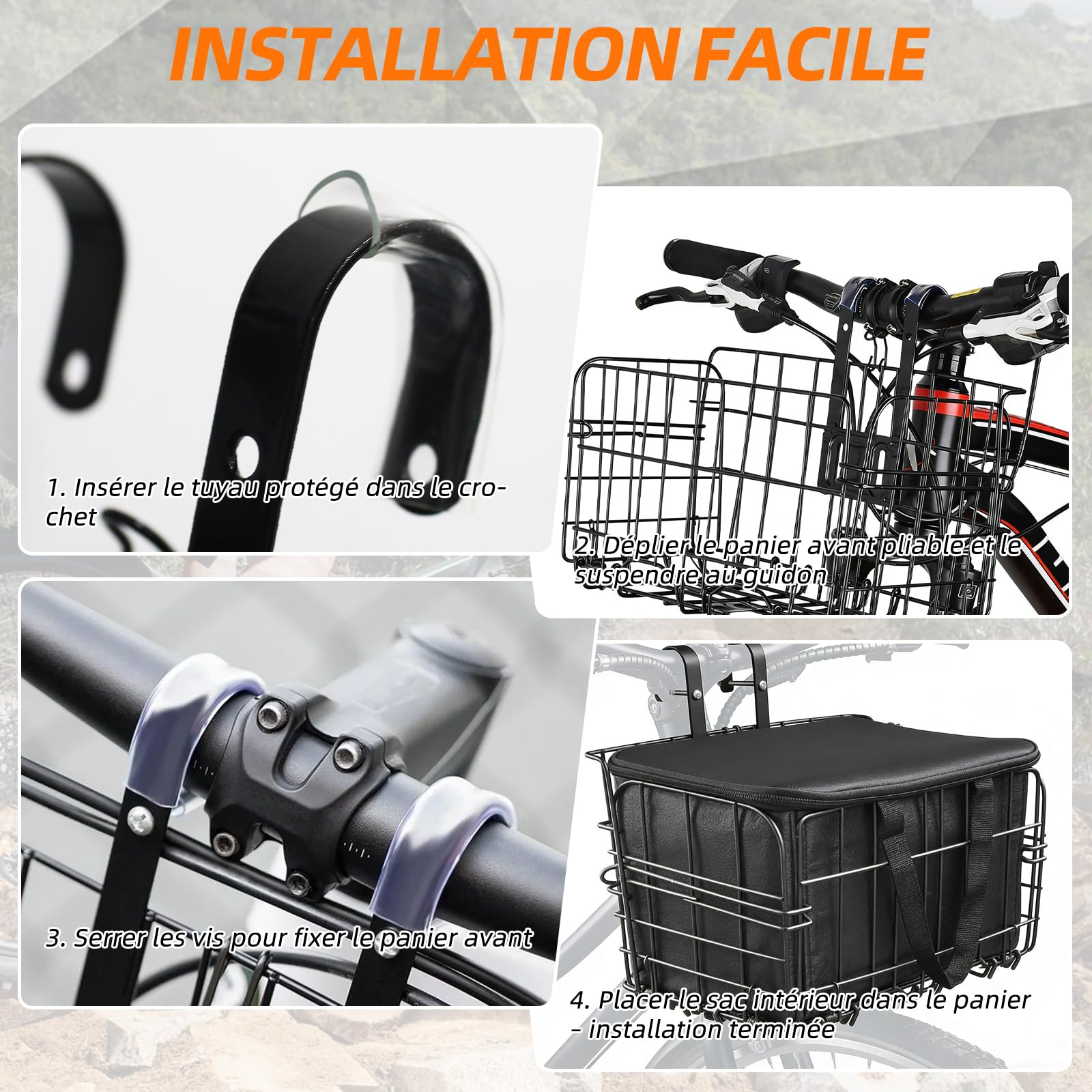 Panier de vélo unisexe pour vélo avant, amovible, grande capacité, convient pour les vélos électriques, les VTT, les vélos de ville et les vélos de loisirs. (panier avant pliable)