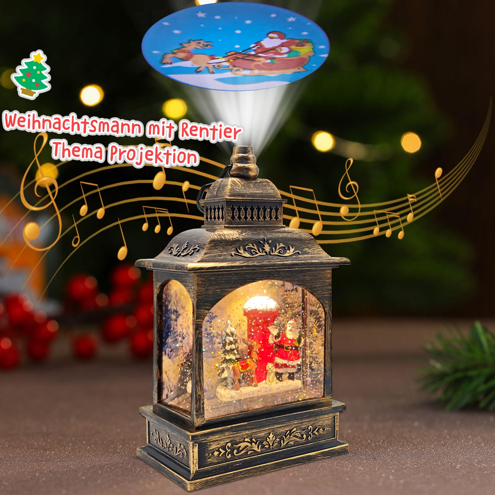 Weihnachts Schneekugel Laterne mit Zeitschaltuhr, Beleuchtete USB/batteriebetriebene Wirbelnde Singende Wasserlaterne mit Projektion, Schneekugel Laterne für Erwachsene Kinder, Weihnachtsdekoration