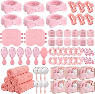 Abbylike 72 Pcs Spa Party Pink Sleepover Party Supplies Bulk Headband Wristband Scrunchies Towels Makeup Bag Mirror Claw Hair Clips Hair Brush Eye Mask for Girls Women Bridal Slumber Birthday Favors