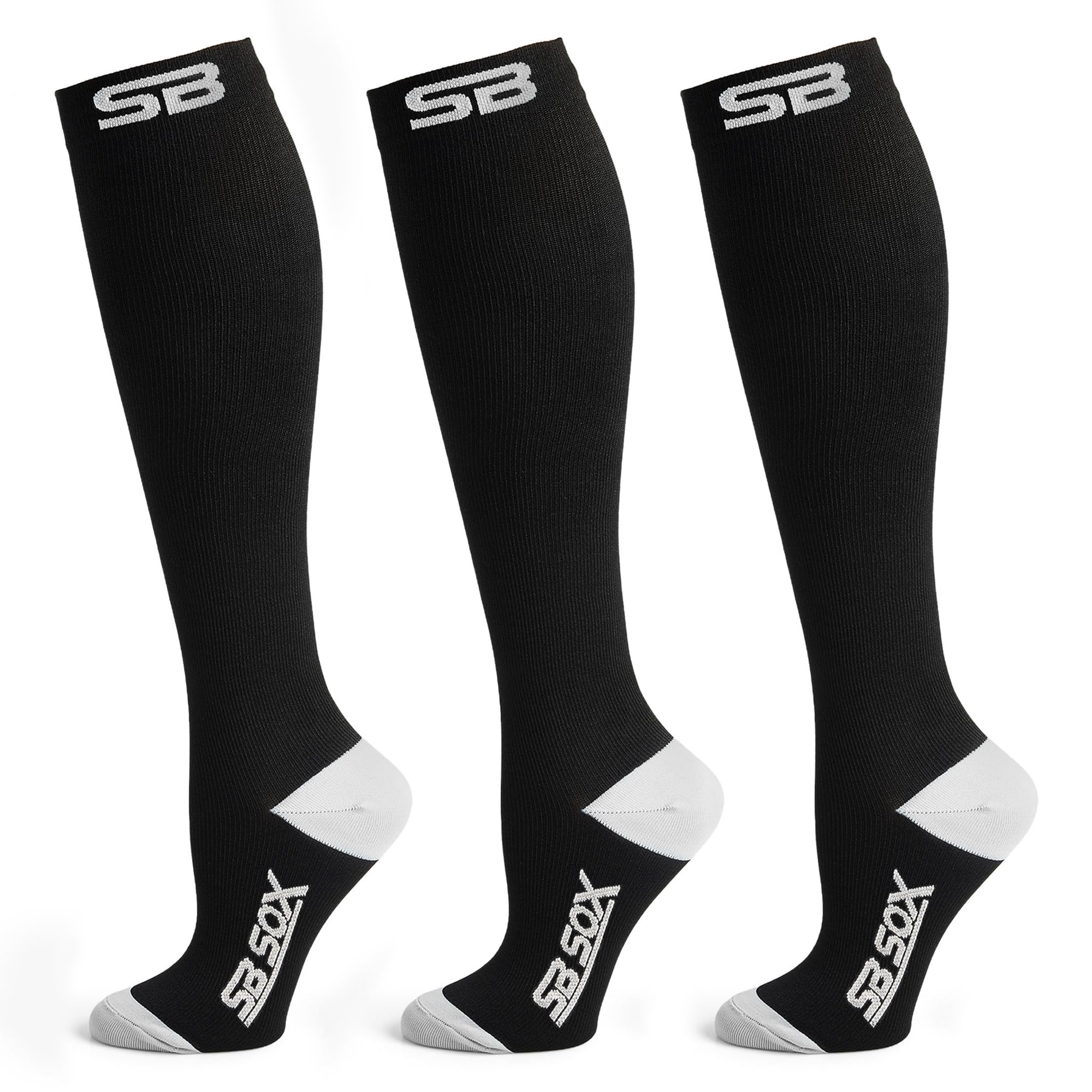 SB SOX 3-Pair Compression Socks (15-20mmHg) | Best Compression Socks for Flying, Medical, Sports, Wide Calf Fit, Pregnancy, and Daily Wear L/XL Black/Gray