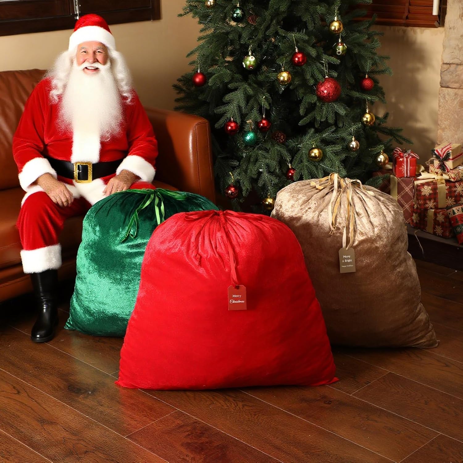 Sanwuta 3 Pcs Christmas Velvet Santa Sack 31 x 27 Inch and 3 Pcs Velvet Drawstring Bags 4.7 x 3.5 Inch, Large Santa Bags with Kraft Tags for Christmas Holiday Presents, Stocking Stuffer Candy Gifts