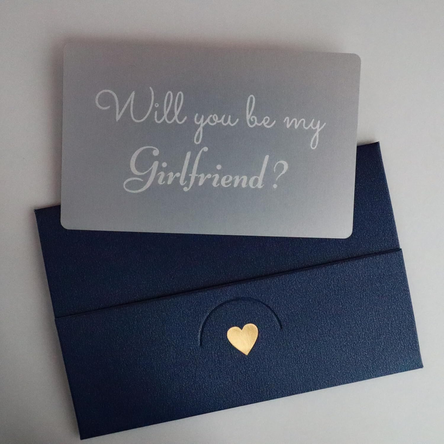 Will You Be My Girlfriend? Gray Elegant Proposal card for her, simple and powerful, Heartfelt with Royal Blue Envelope