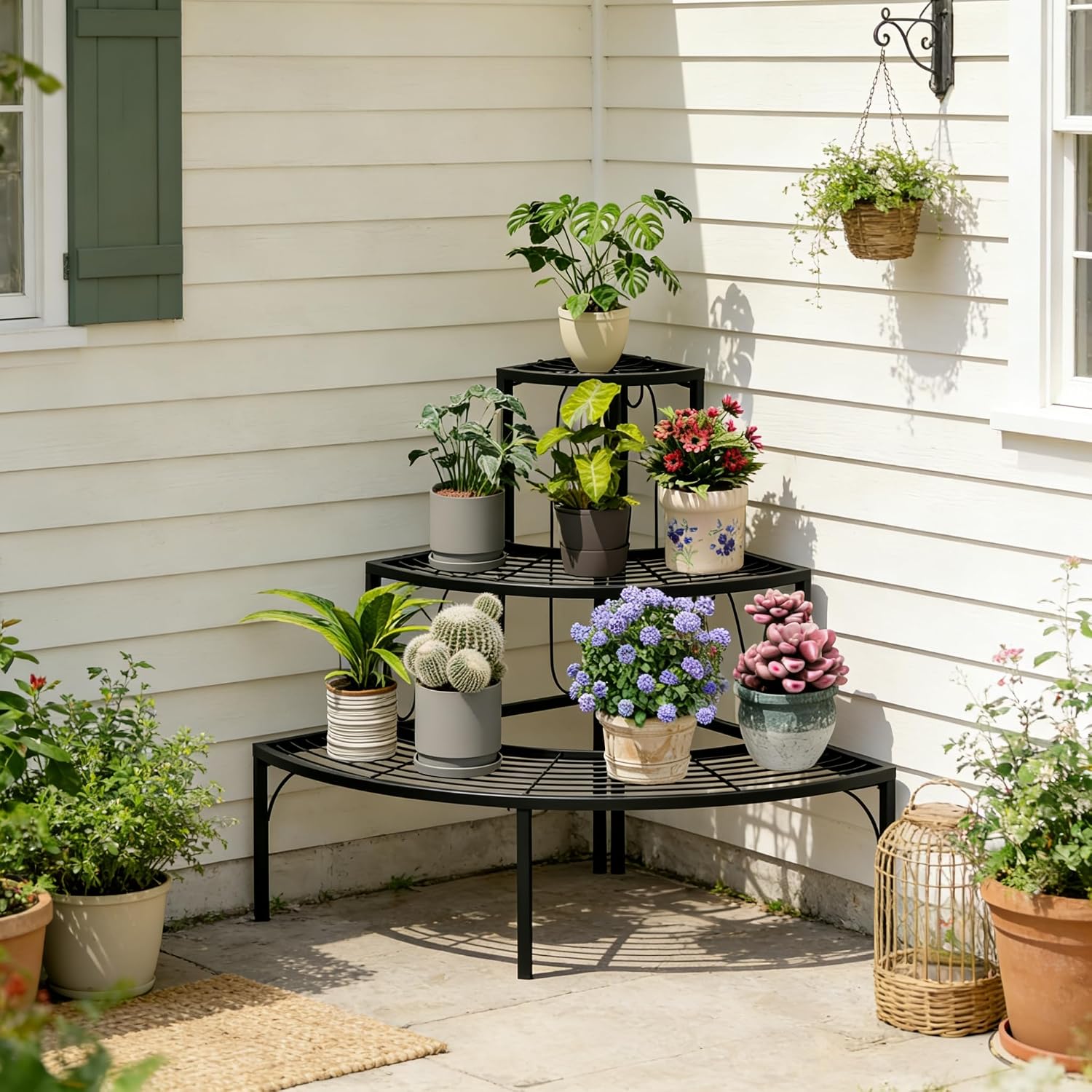 Plant Pot Stand Shelf, 3 Tier Flower Quarter Display Rack, Metal Succulent Plants Storage Holder for Outdoor and Indoor, Black