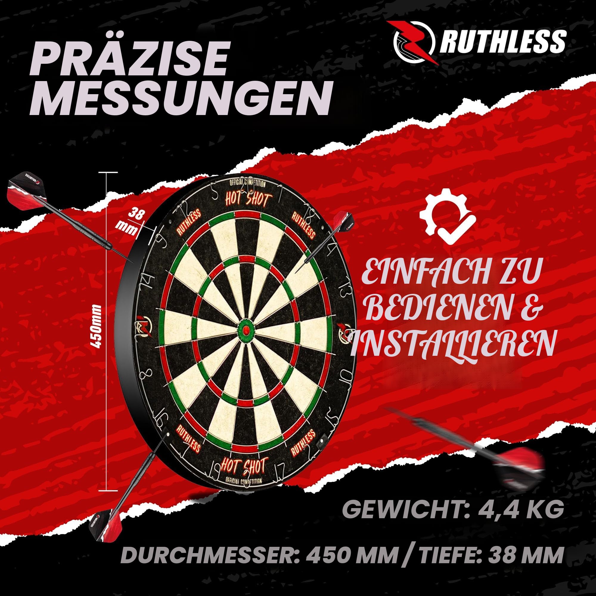 Ruthless Home Darts Center | LED-Lichtoptionen | Home Dart Board Center inkl. Schrank, Dartscheibe und 2 Sets Dartpfeile (USB)