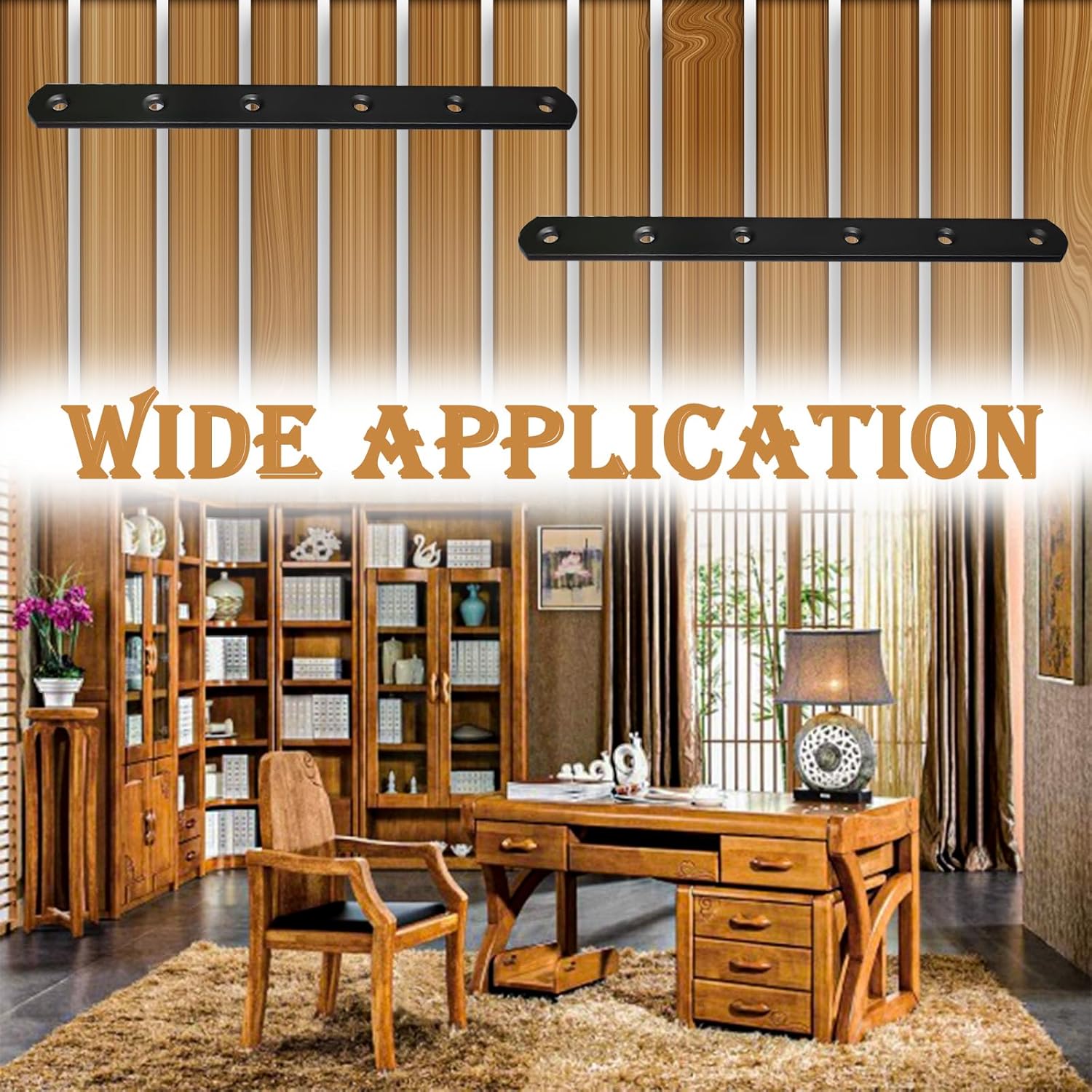 12Pack Straight Brackets Black, 8Inch 200MM Mending Plate Metal Brackets for Brace, Heavy Duty Joining Plates for Wood Fence Bookcase Cabinet, Straight Brace Repairing Mending Plates