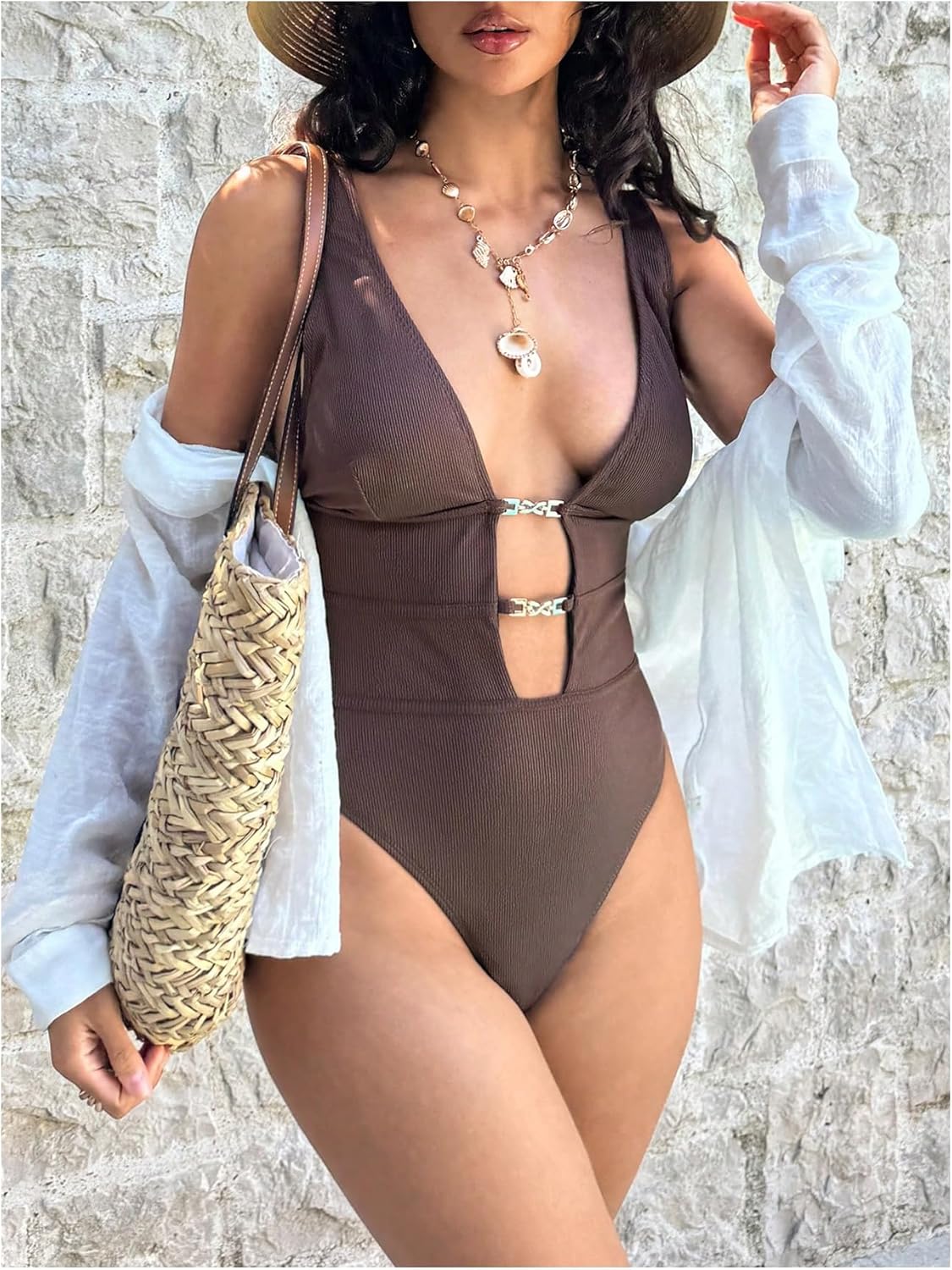 SHENHE Women's Plunge One Piece Swimsuit Deep V Neck High Cut Backless Monokini Bathing Suit
