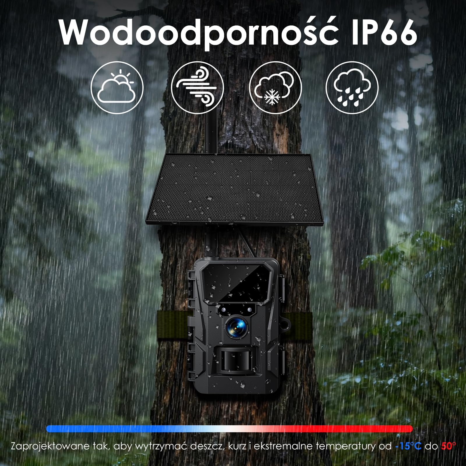 WOLFANG Komórkowa kamera przyrodnicza 4G LTE, zasilana energią słoneczną, kamera 2K 48 MP z baterią 5200 mAh, wyświetlacz 2,0 cala, sterowanie aplikacją, noktowizor, aktywowany ruchem wyzwalacza 0,2 s