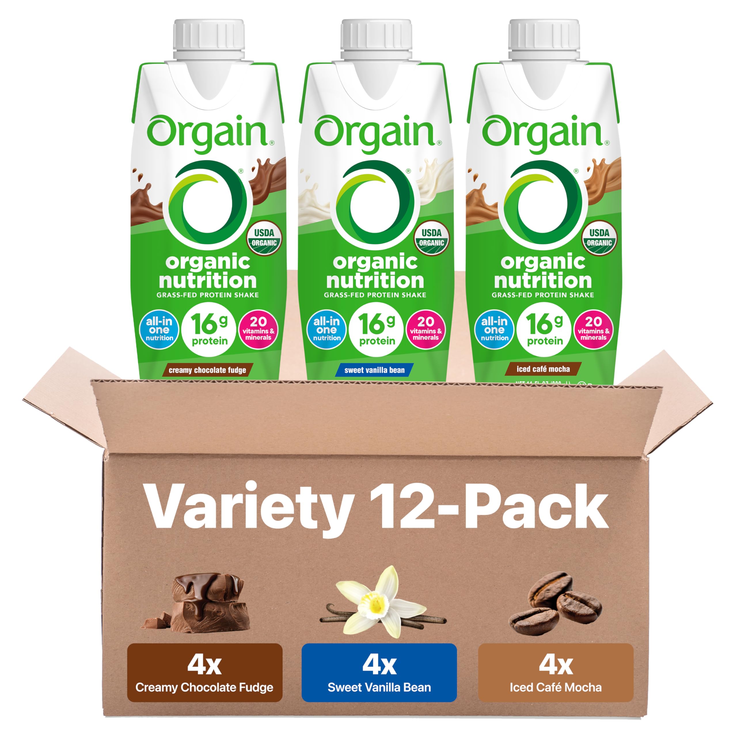 Orgain Organic Nutritional Protein Shake, 16g Grass Fed Whey Protein, Meal Replacement, 20 Vitamins & Minerals, Fruits & Vegetables Variety Pack, Chocolate, Van