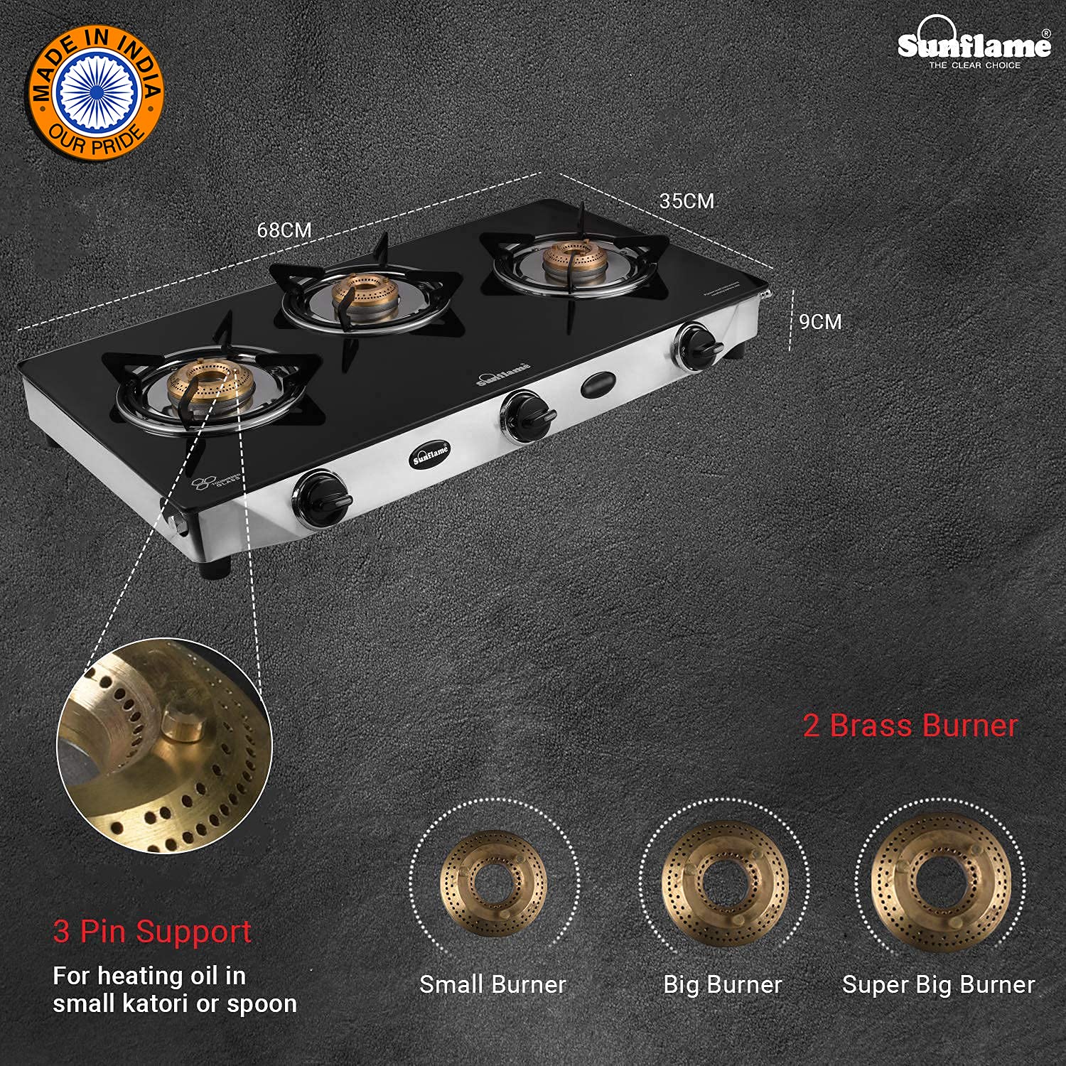 sunflame ct hob 3 burner gas stove