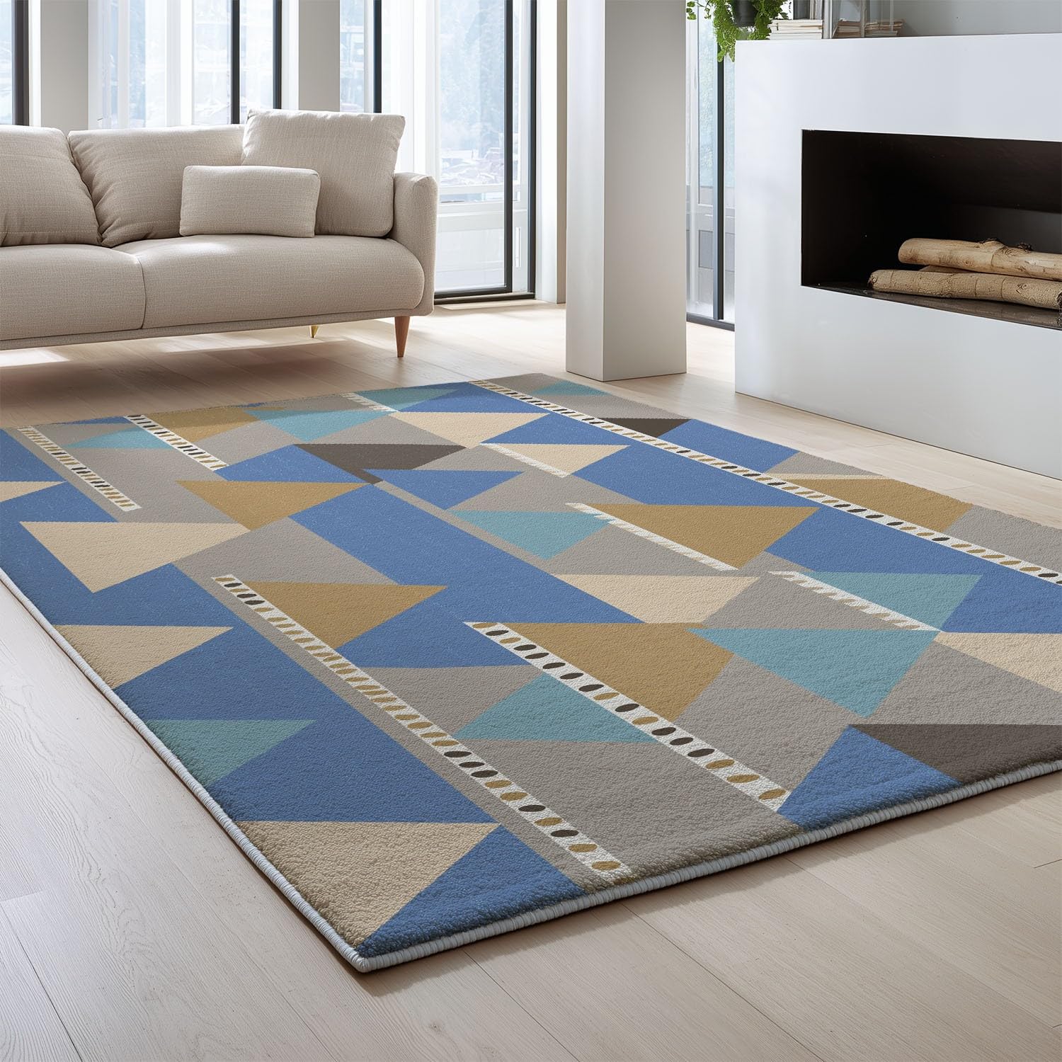 Teppich für Schlafzimmer, Wohnzimmer, Flur - 60 x 120 cm, Weich Microfaser Kurzflorteppiche, Rutschfester, Fusselfrei, Maschinenwaschbar Carpet, Beige, Einfach Geometrisch Dreieck