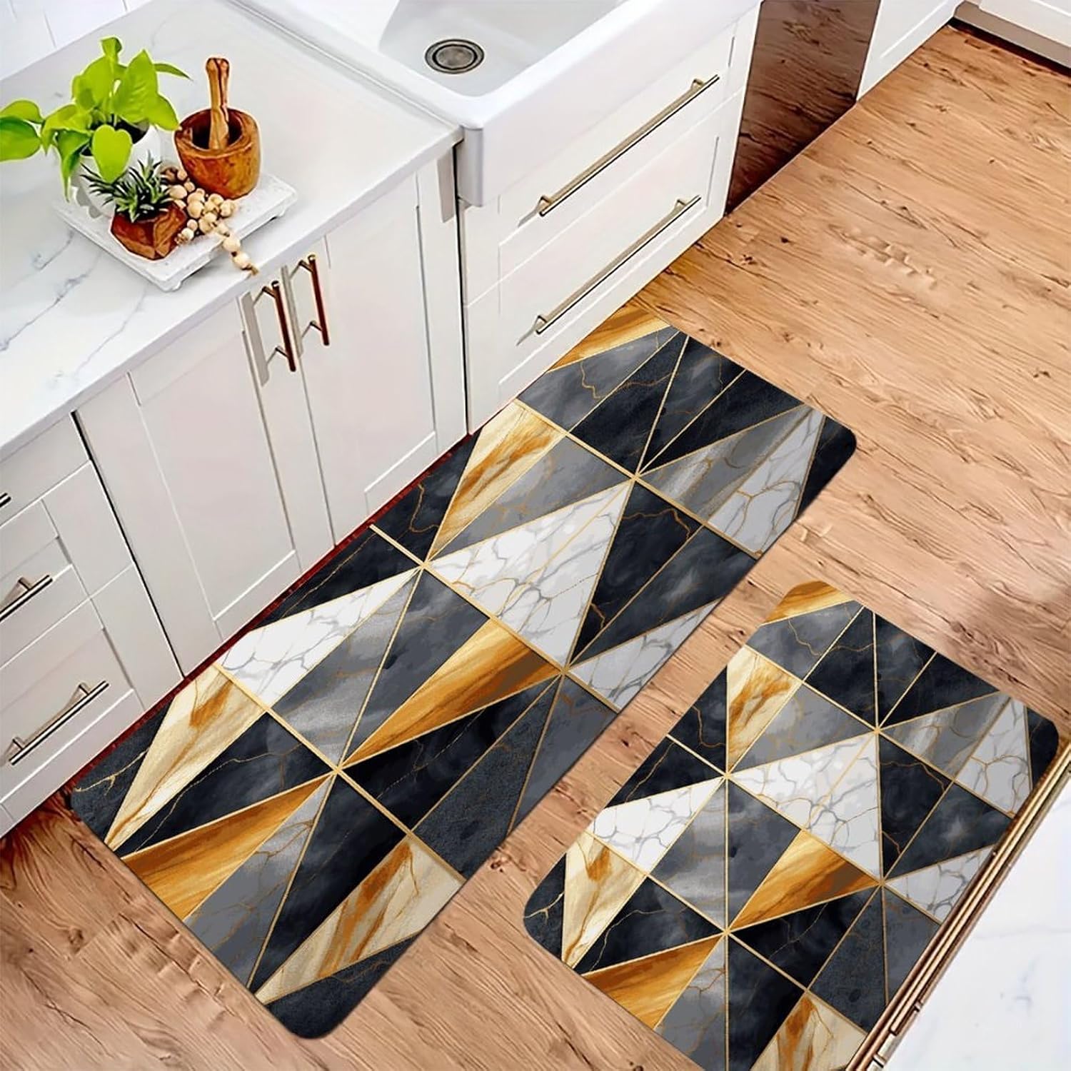 Geometric Marble1 Kitchen Mats with 2PCS Non-Slip Washable,Kitchen Rug Heavy Duty Durable, Floor Mats for Kitchen,Office,Sink,Laundry