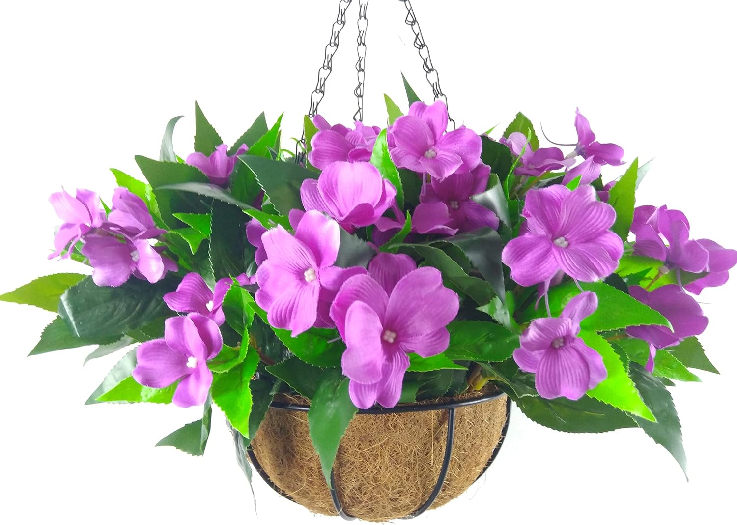 Fake Silk Impatiens Flower Pot Chain Hanging Basket Flowers Artificial Impatiens Balsamina Purple (7.8 inch)