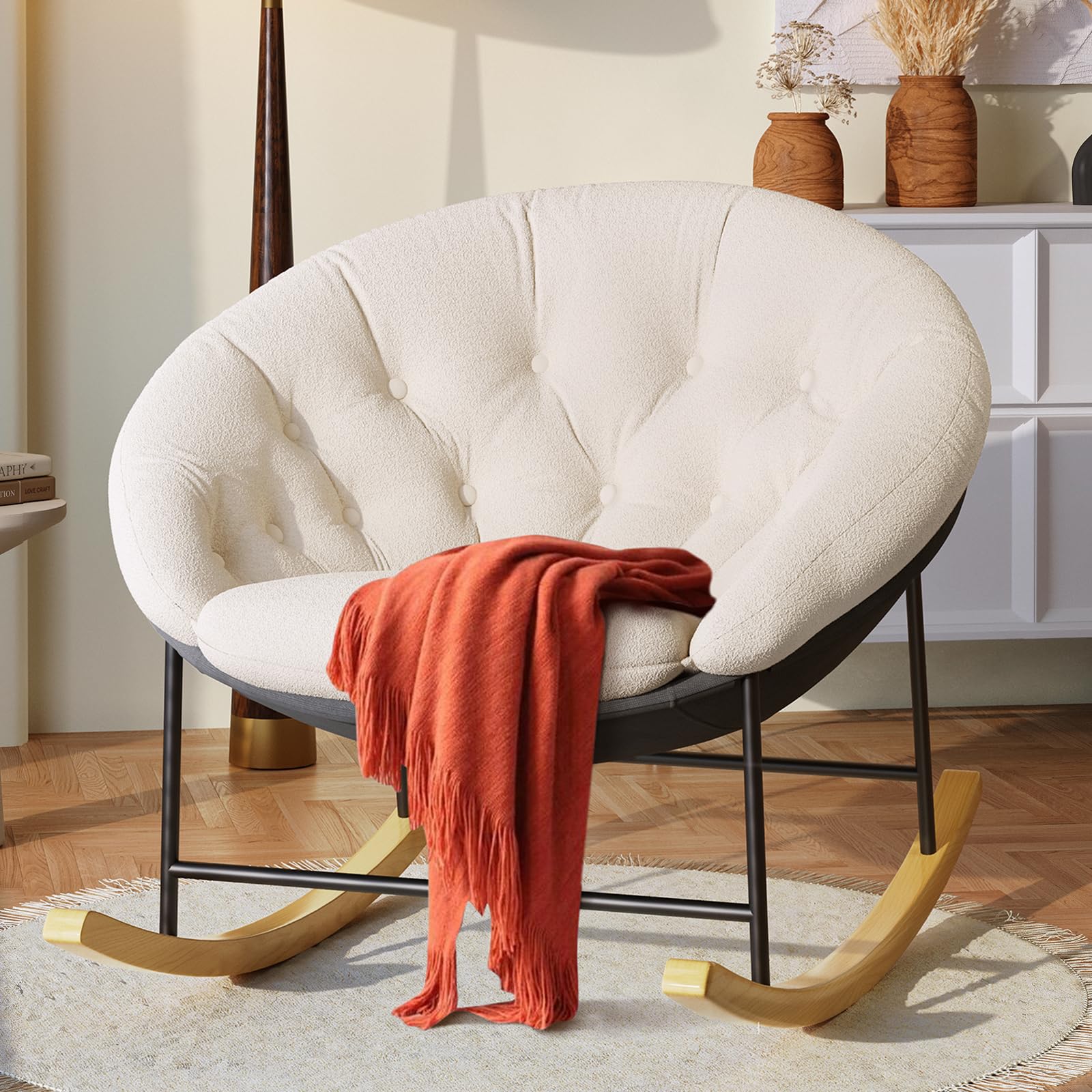 Kidirect Wide Rocking Chair Nursery, Comfy Saucer Nursery Rocking Chairs with Removable Cushion, Indoor Papasan Nursing Chair for Breastfeeding, Mecedora Para Adultos for Living Room &amp; Bedroom (Cream)