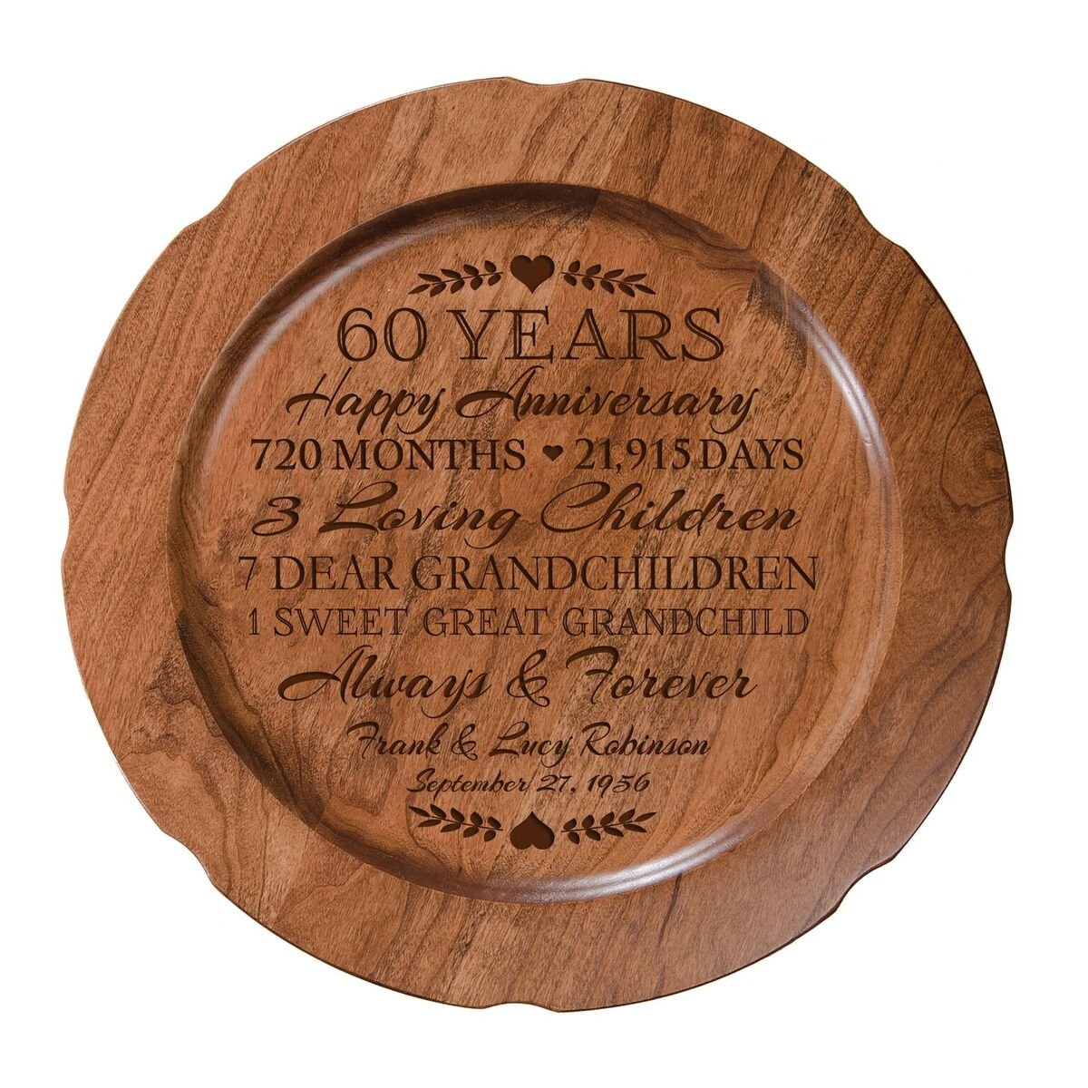 LifeSong Milestones Personalized 60th Wedding Anniversary Plate Keepsake for Couple, Custom Happy Sixtieth Anniversary Decorative Plate for Her, 12