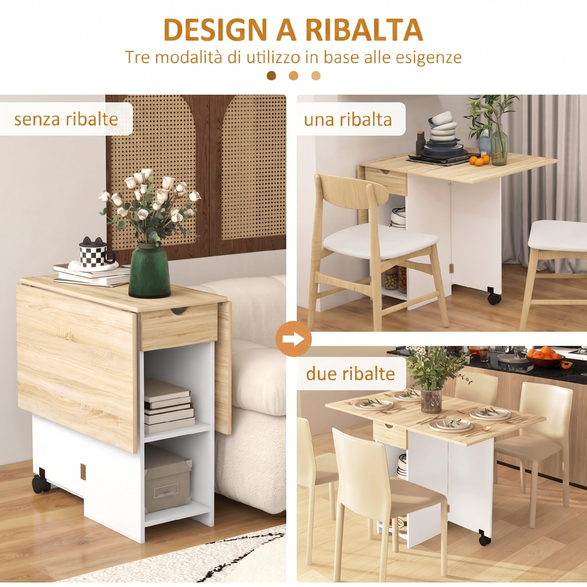 HOMCOM Tavolo da Pranzo Pieghevole, Tavolo Cucina a Ribalta con Ruote per 2-4 Persone, Scrivania Richiudibile con Cassetto e Ripiani, per Soggiorno, 120x72x75 cm, Bianco e Rovere