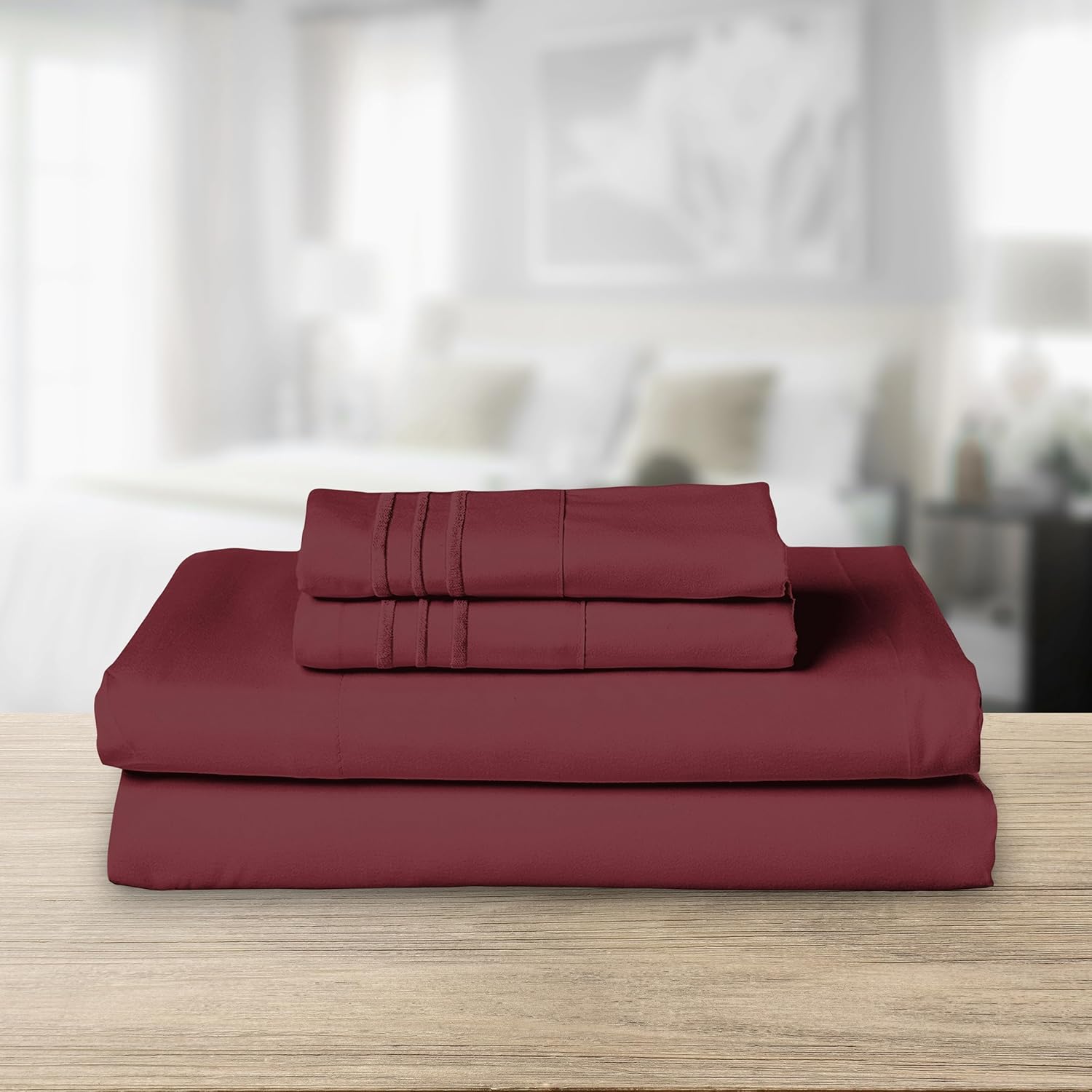 Elegant Comfort Luxurious 1500 Premium Hotel Quality Microfiber Three Line Embroidered Softest 4-Piece Bed Sheet Set, Wrinkle and Fade Resistant, King, Burgundy - Image 2