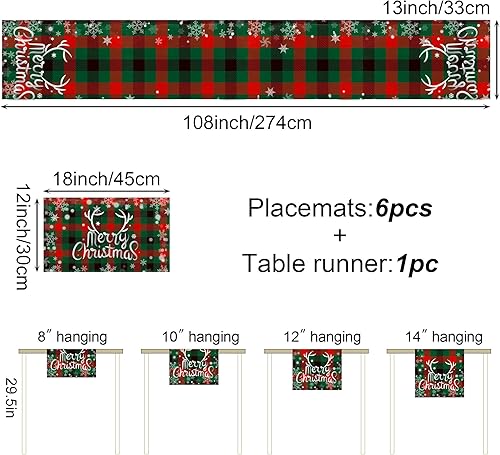 Miniatura 10 de Camino de mesa de Navidad de invierno y manteles individuales, juego de 7 manteles individuales de búfalo rojo, muñeco de nieve, pino, suministros