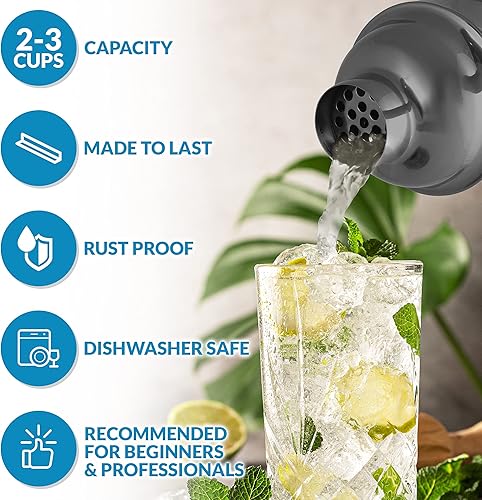 Miniatura 2 de Zulay - Juego de coctelera grande de acero inoxidable de 24 onzas, coctelera de bebidas mixtas, juego de coctelera de Martini con colador integrado,