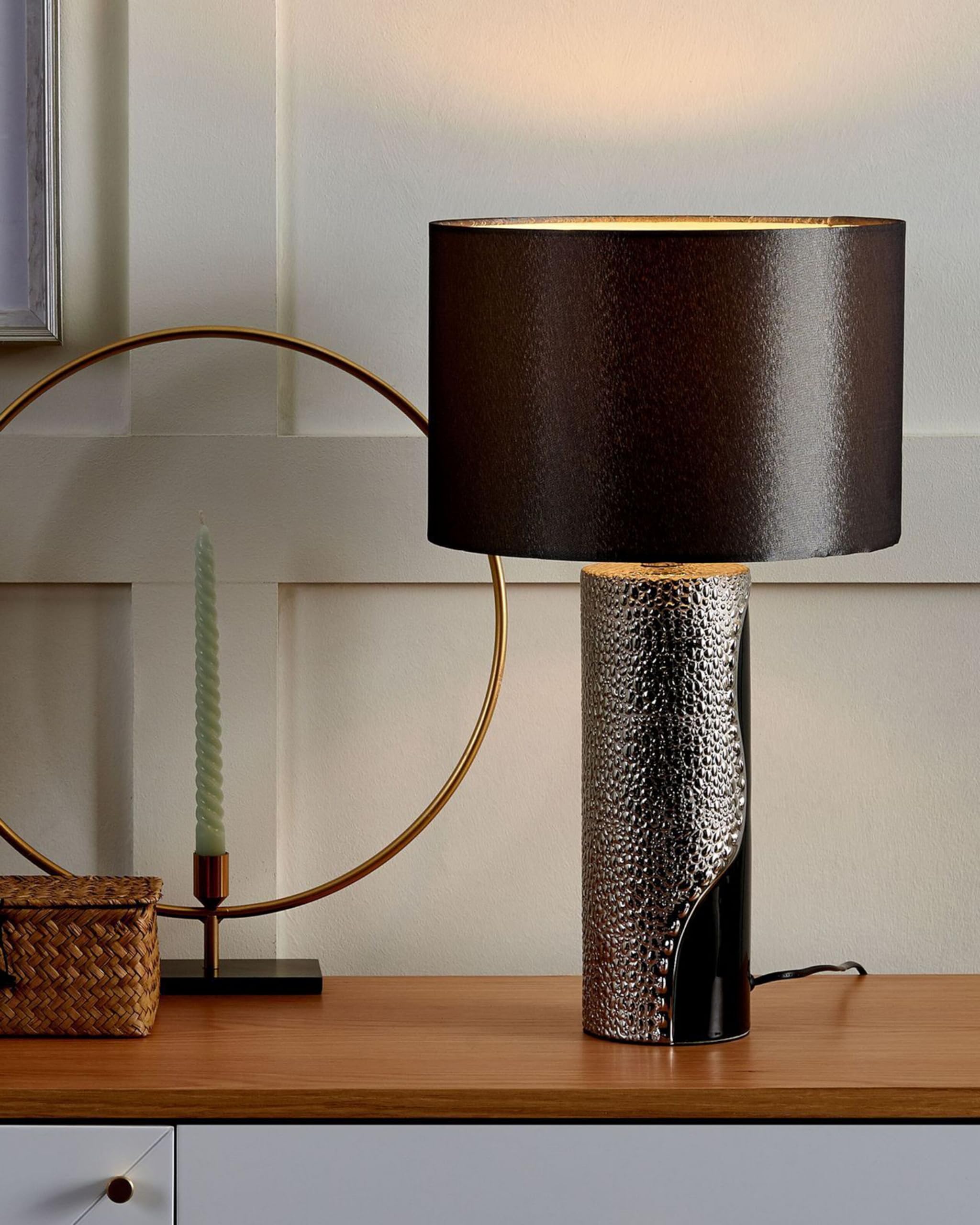 Tischlampe im Glamour Stil Kunstseide/Porzellan schwarz/silber Aiken