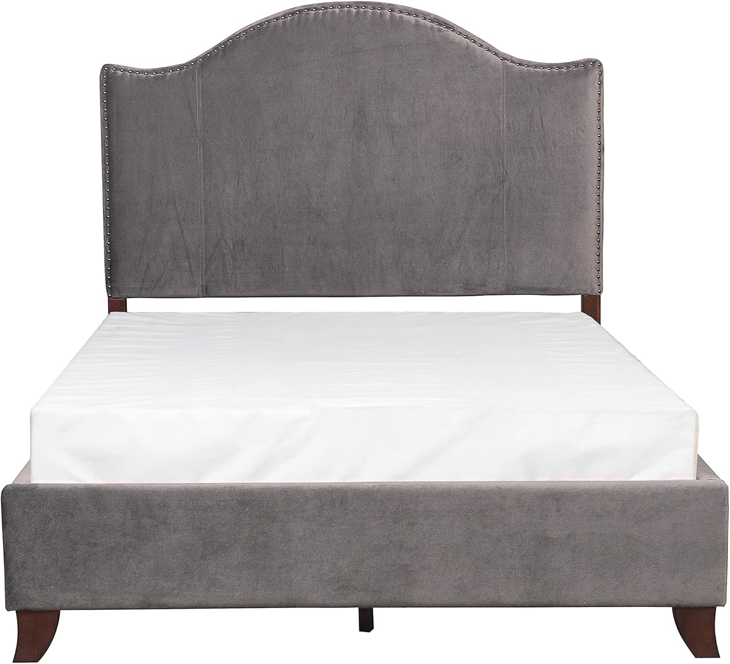 Lexicon Full Size Bed Frame with Headboard, Traditional Bed Frame Full Size, Velvet Upholstered Bed Frame with Nailhead Trim On Camelback Headboard, Box Spring Required, Easy Assembly, Gray