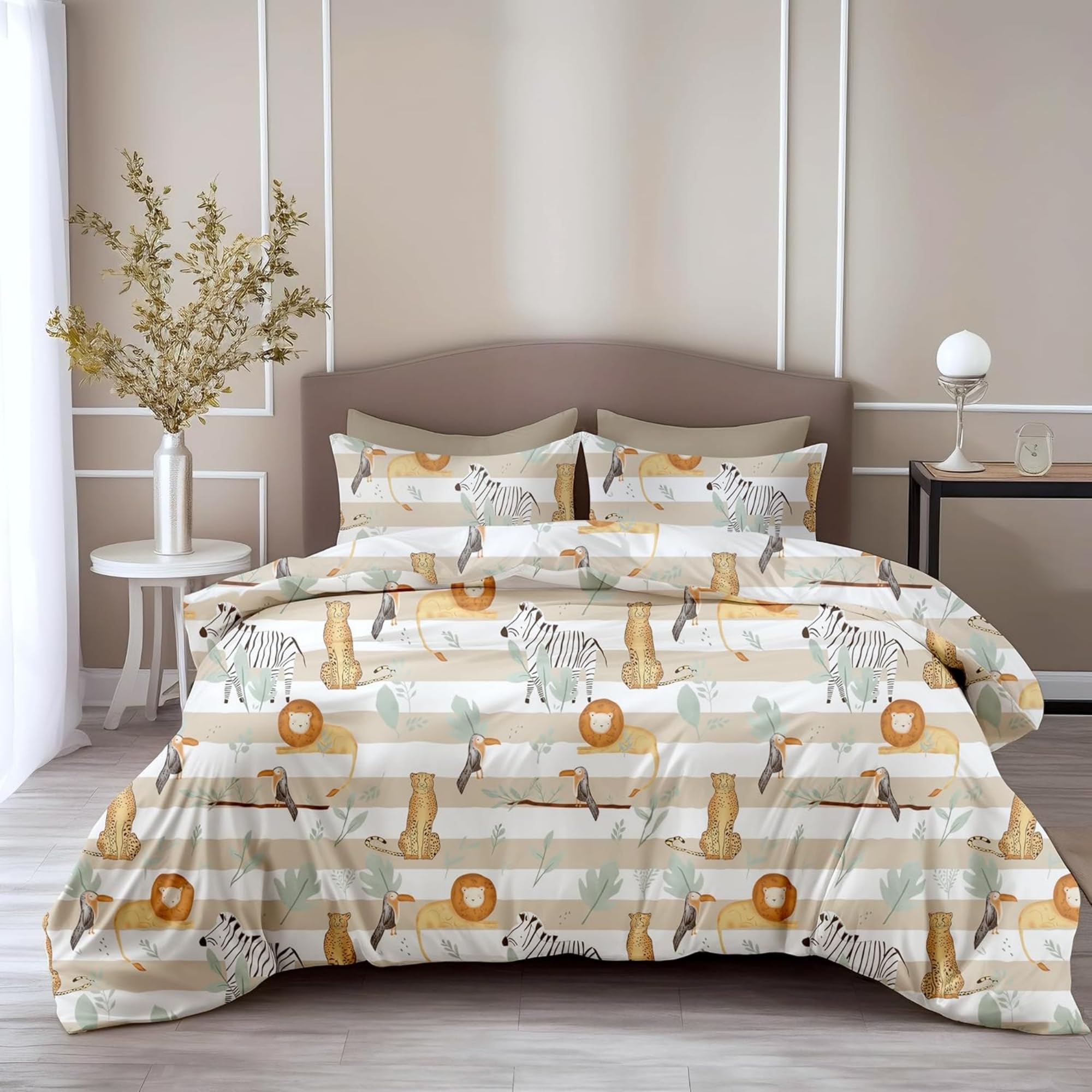 LORETO - A QUALITY LINEN BRAND 100% Pure Cotton Bedsheet for Double Bed, 144TC Soft & Breathable Double Bed Bedsheet with 2 Pillow Covers (Jungle Beige & Green Adventure, 88 x 90 Inches)