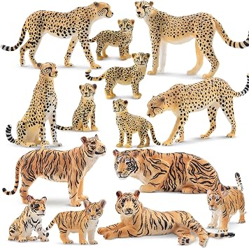 Toymany 14PCS Realistic Jungle Animals Figurines Playset Includes Baby Animals, Plastic Tigers and Cheetah Figures with Cubs, Cake Toppers Christmas Birthday Toy Gift for Kids