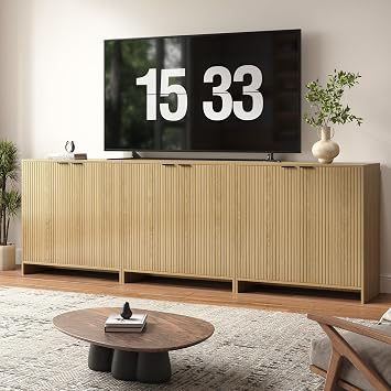 BVIUNTWO 95" TV Stand for TVs up to 100",Modern Fluted TV Console with Storage Cabinet,Entertainment Center with 6 Doors & Adjustable Shelves for Living Room, Oak