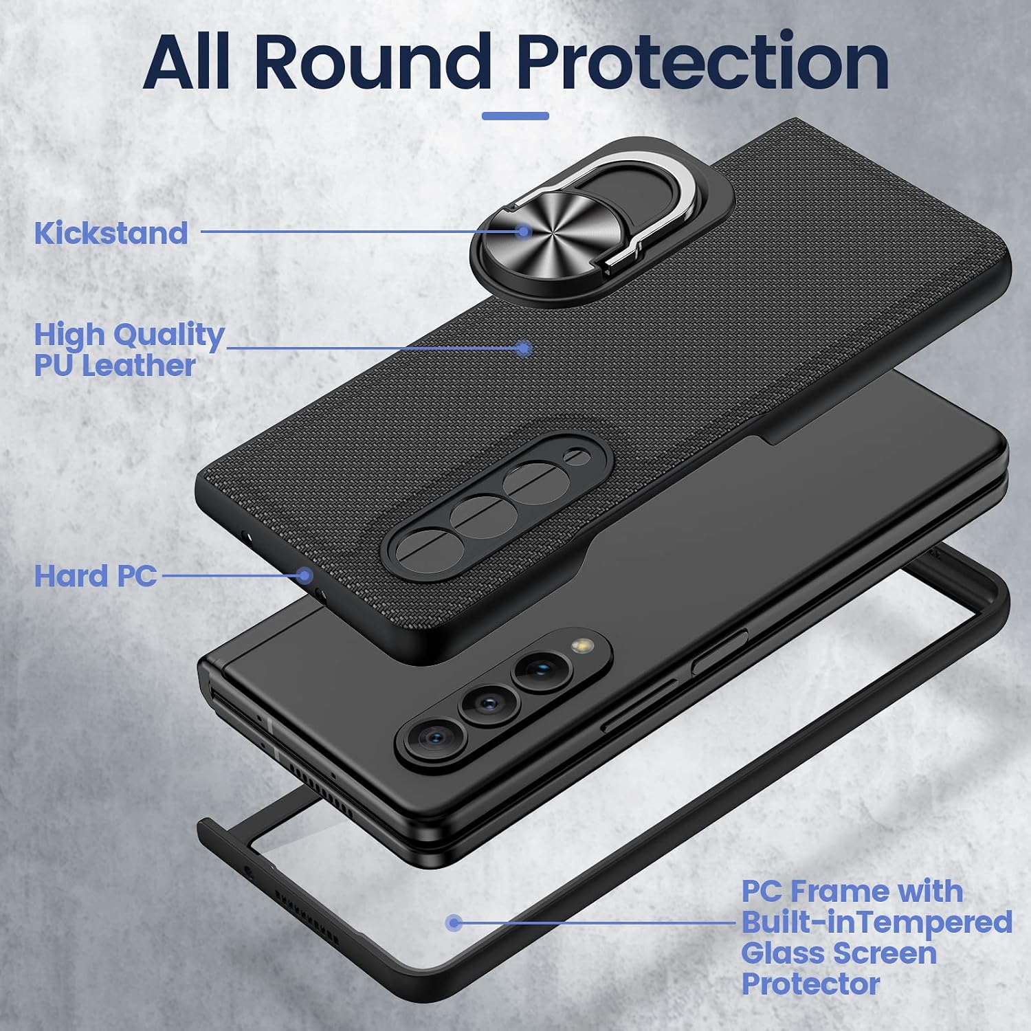 Caka for Z Fold 3 Case, Galaxy Z Fold 3 Case with Kickstand Built-in Screen Protector PU Leather Magnetic Ring Stand Full Body Case for Samsung Galaxy Z Fold 3 5G- Carbon Fiber Black