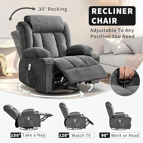 Miniatura 4 de GAOMON Rocker Swivel Recliner Chair with Heat Massage Large Wide Lazy Boy Single Sofa Seat with 3 Positions 2 Side Pockets Cup Holders USB Ports