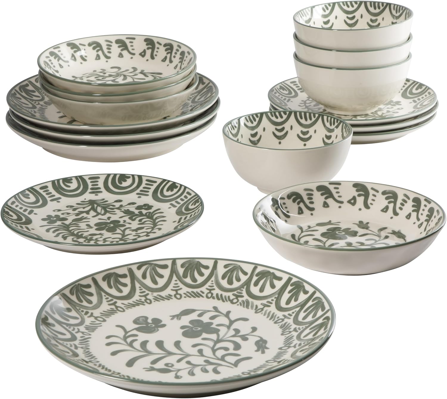 Bloomhouse - 2-Time Oprah’s Favorite Things - Valencia Flor 16 Piece Dinnerware Set, Artisanal Decorated Stoneware Plates & Bowls, Service for 4, Microwave & Dishwasher Safe, Fern Green