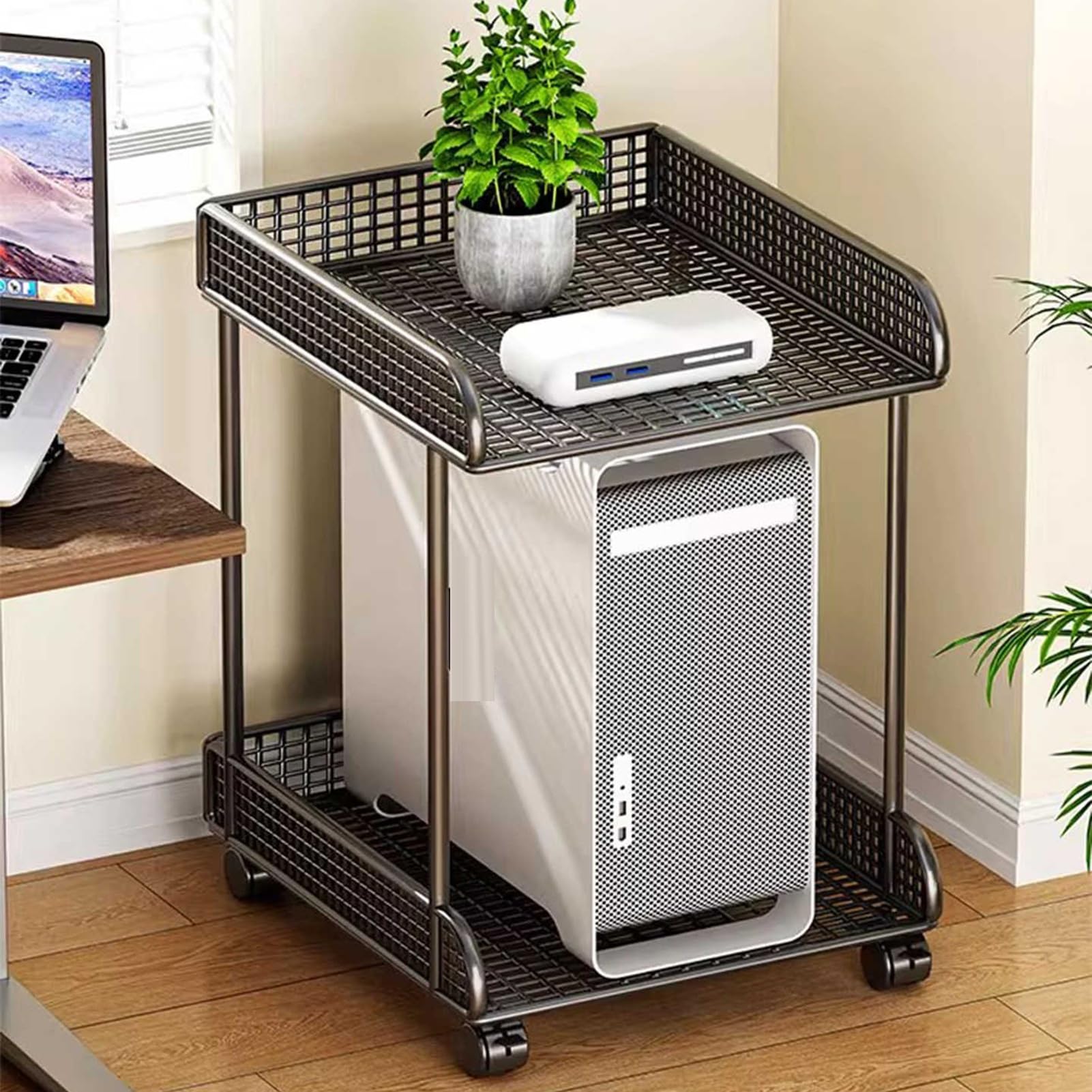 Soporte de CPU de 2 niveles con ruedas, soporte de torre de computadora de metal, carga máxima de 132 libras, diseño transpirable ventilado para juegos, oficina en casa