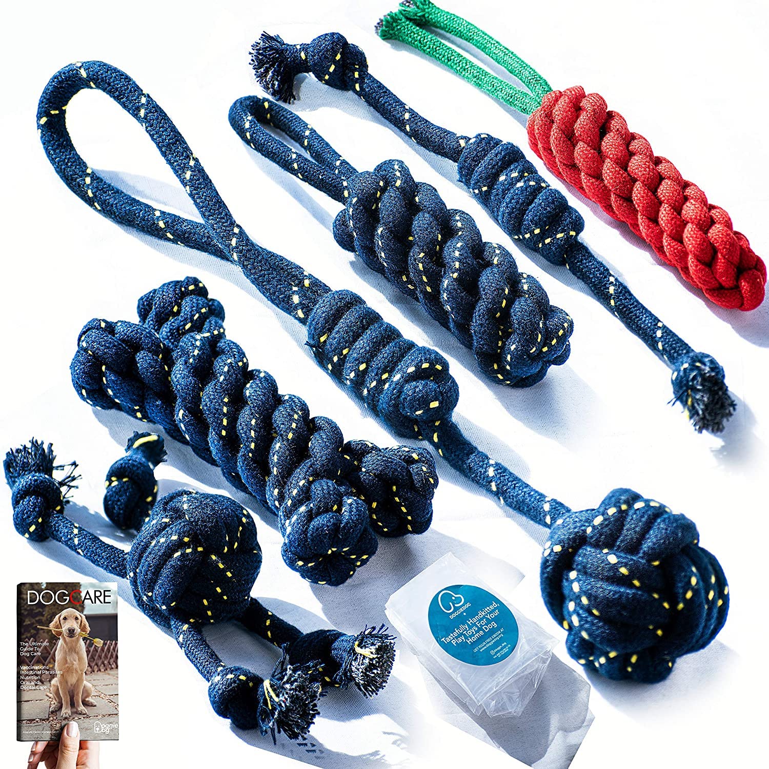 DOGGIE DOG Cotton Polyester Mix Chew Dog Toys for Small and Medium Puppies with eBook (Bob Barker Blue (7 in 1 Combo))
