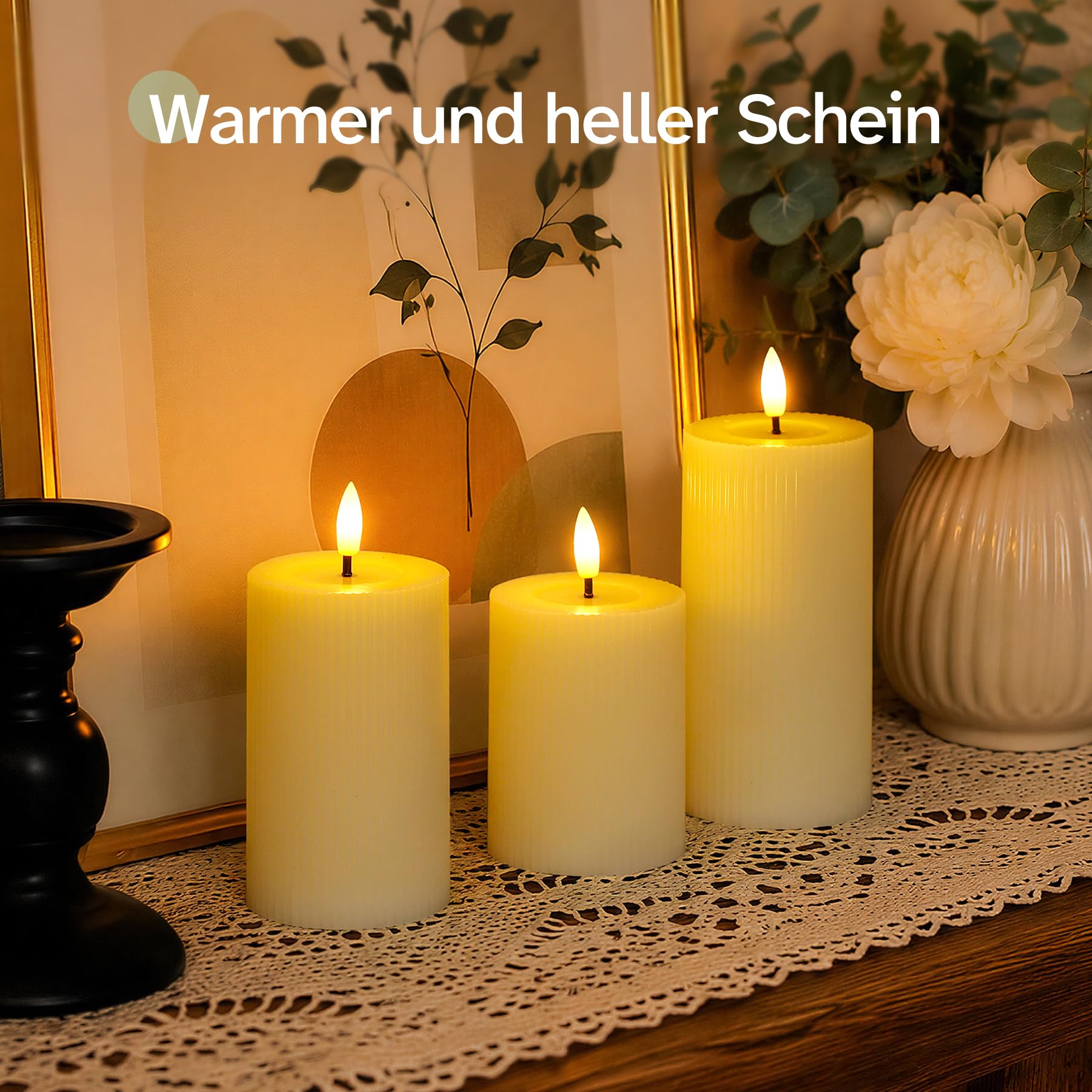 Candele LED senza fiamma con olio di cera, righe verticali, a batteria, effetto tremolante, confezione da 3 candele colonne avorio con telecomando e temporizzazione (7,5cm ×10/12,5/15cm)