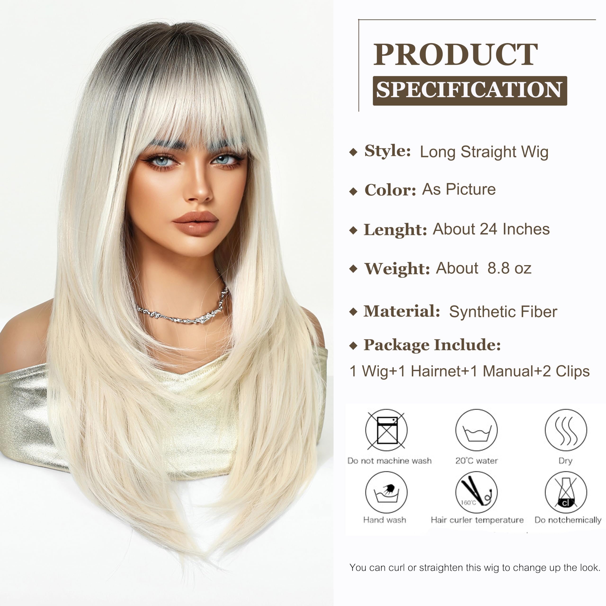 Esmee Long Straight Platino Blonde Wigs for Women with Fringe Natural Synthetic Hair Ombre Wig for Daily & Party Use - Image 2