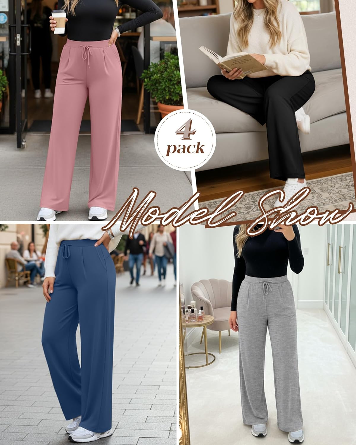 4 Pack Women's Plus Size Pants, Wide Leg Lounge Pants Drawstring Yoga Sweatpants Casual Workout Joggers with Pockets - Image 3