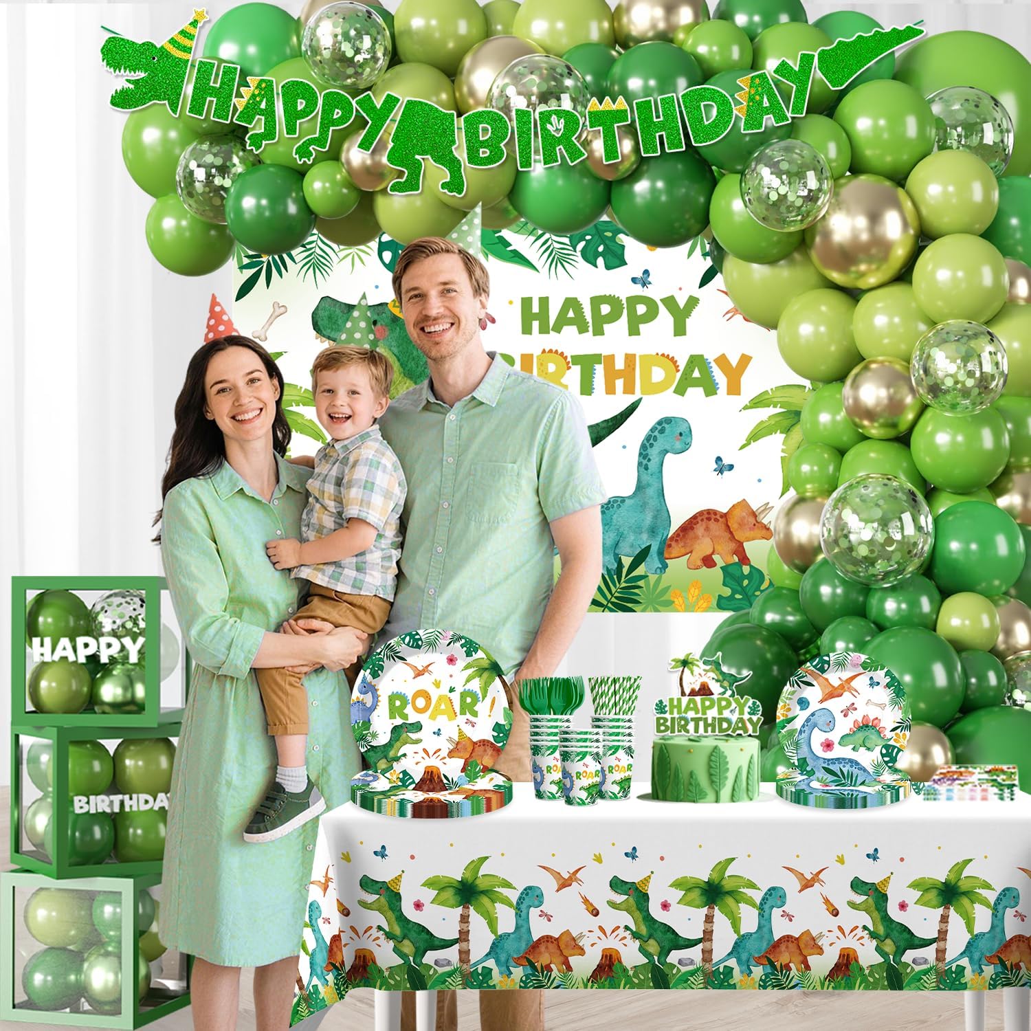 238Pcs Dinosaur Birthday Decorations Serve 20, Dinosaur Party Decorations Include Balloon Garland Arch, Plates, Tablecloth, Cake Topper, Backdrop, for Dinosaur Themed Birthday