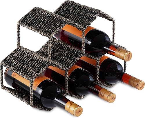 CENBOSS Estante de vino para encimera, pastos marinos y metal, estante de vino de mesa para varias botellas de vino, soporte de vino independiente