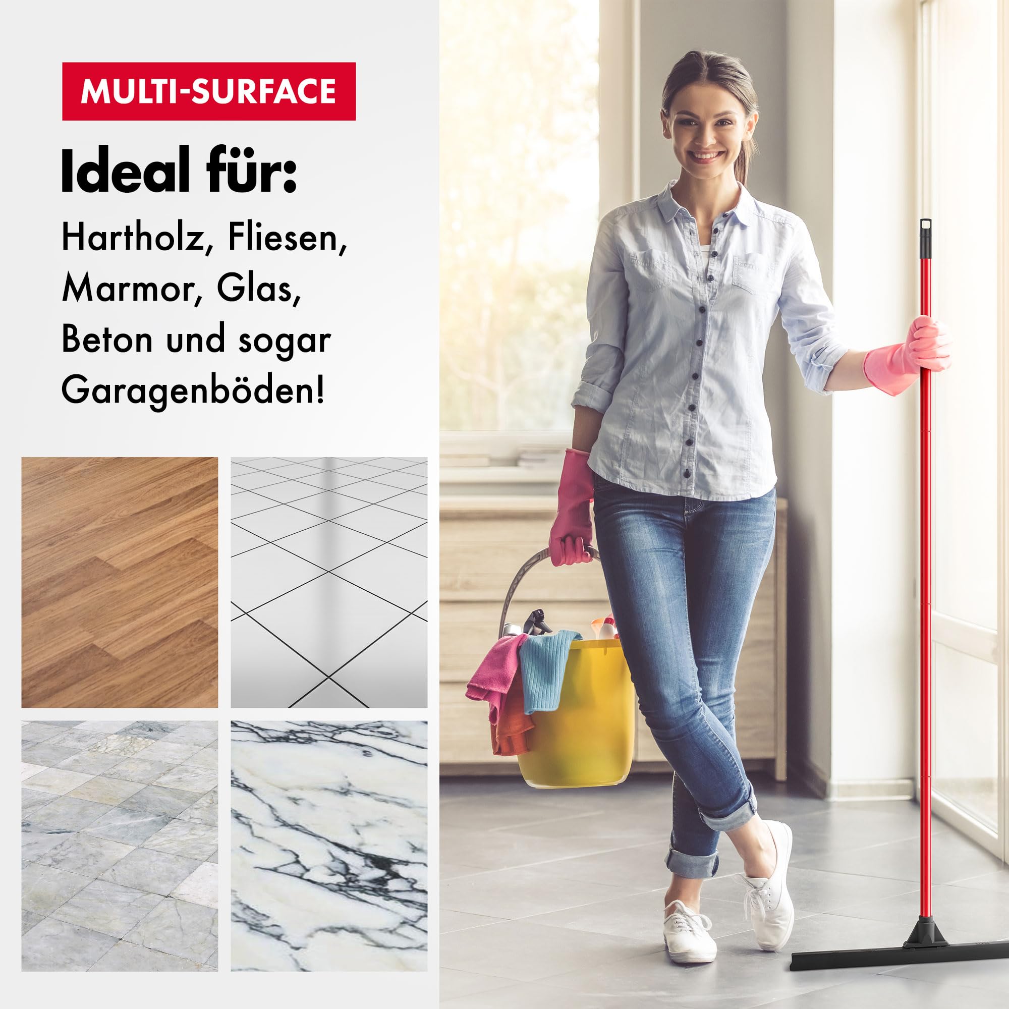 Tyroler Wasserschieber Bodenabzieher 60cm Gummi-Lippe mit Abzieher Boden | Wasserschieber mit Stiel 4-teiligem Griff 140cm | Wasserabzieher Boden geeignet für alle Oberflächen, Abzieher Dusche Boden