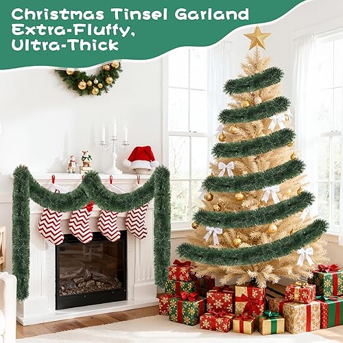 Miniatura 5 de Guirnalda de oropel de Navidad verde de 50 pies, guirnalda de vegetación artificial para decoración de árboles, guirnaldas de oropel metálico suave