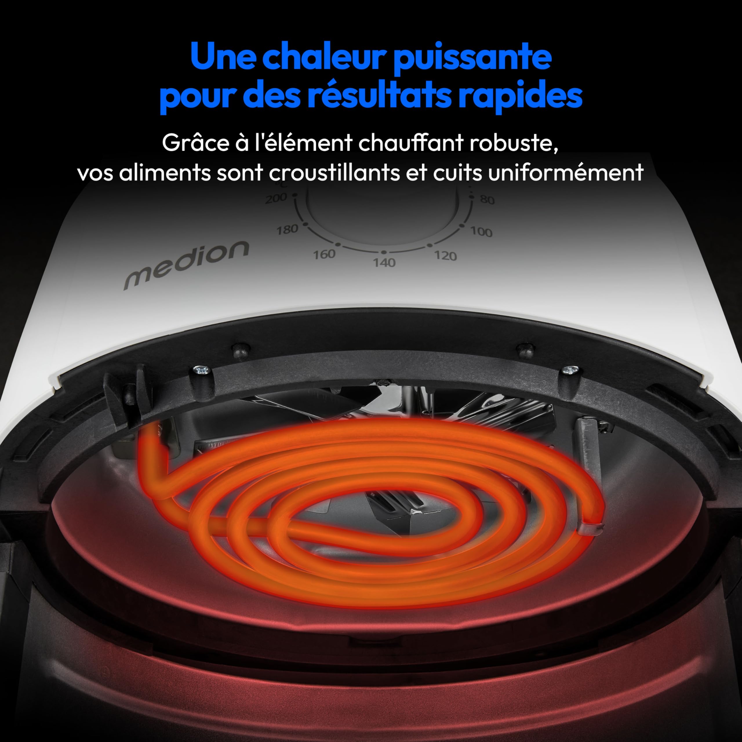 MEDION Air Fryer P30 L (4,7 L, 1500 W, petit et facile à utiliser avec les boutons rotatifs, minuteur de 60 min, jusqu'à 200°C) noir