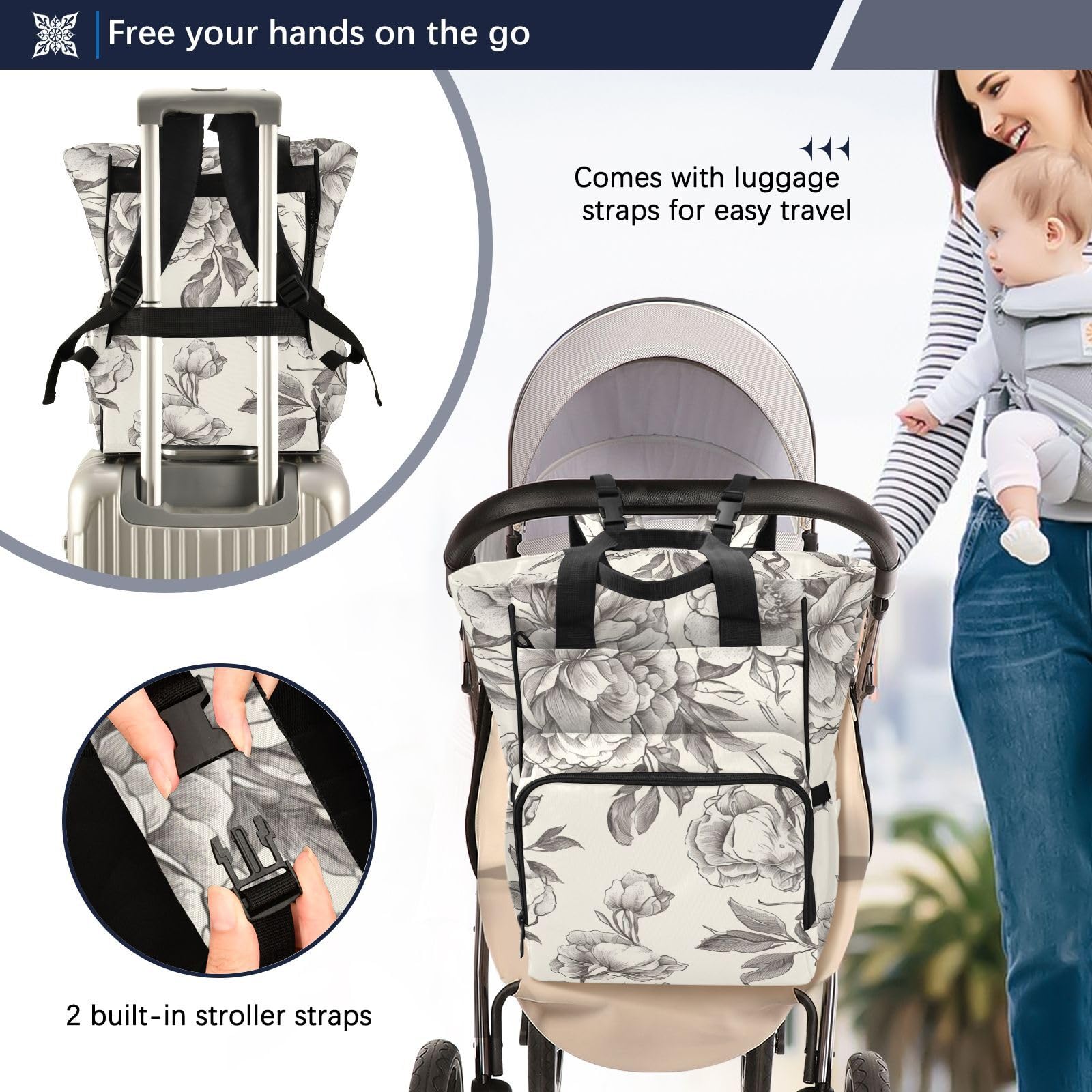 Baby Essentials torba na pieluchy wiktoriańska ręka szkic kwiaty